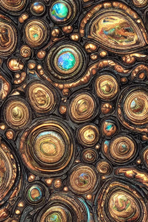 Image similar to Art Nouveau cresting oil slick waves, hyperdetailed bubbles in a shiny iridescent oil slick wave, black opal, abalone, paua shell, ornate copper patina medieval ornament, rococo, oganic rippling spirals, octane render, 8k 3D