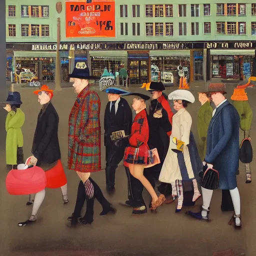 Image similar to oil painting of mornington crescent, rain in the southeast, men wearing bowler hats, kids with spats on their shoes, ladies with chauffeurs, dogs wearing hats and jackets, rich apartments, old punk posters, tartan garments, by neo rauch, by peter blake