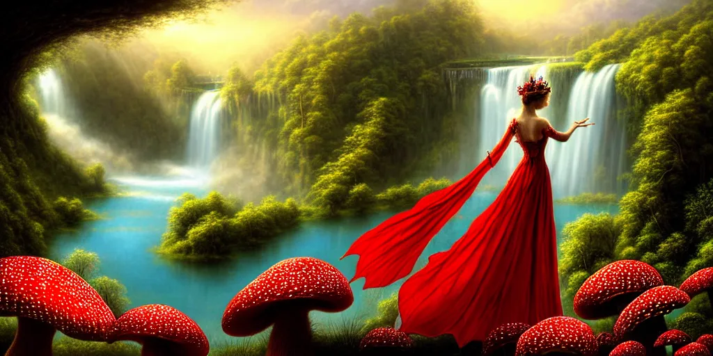 Image similar to an elegant fairy queen in a red lace dress dancing looking out at a lord of the rings scenery landscape, vast lush valley flowers and giant mushroom structures, waterfall falling into a clear lake, river, sunrise, god's rays highly detailed, vivid colour, soft clouds, floral sunset, cinematic lighting, perfect composition, gustave dore, derek zabrocki, greg rutkowski