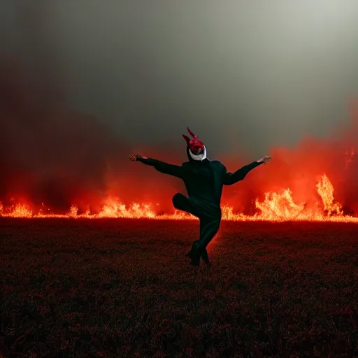 Image similar to man wearing clown makeup dancing in field on fire, cinematic lighting, 8 k