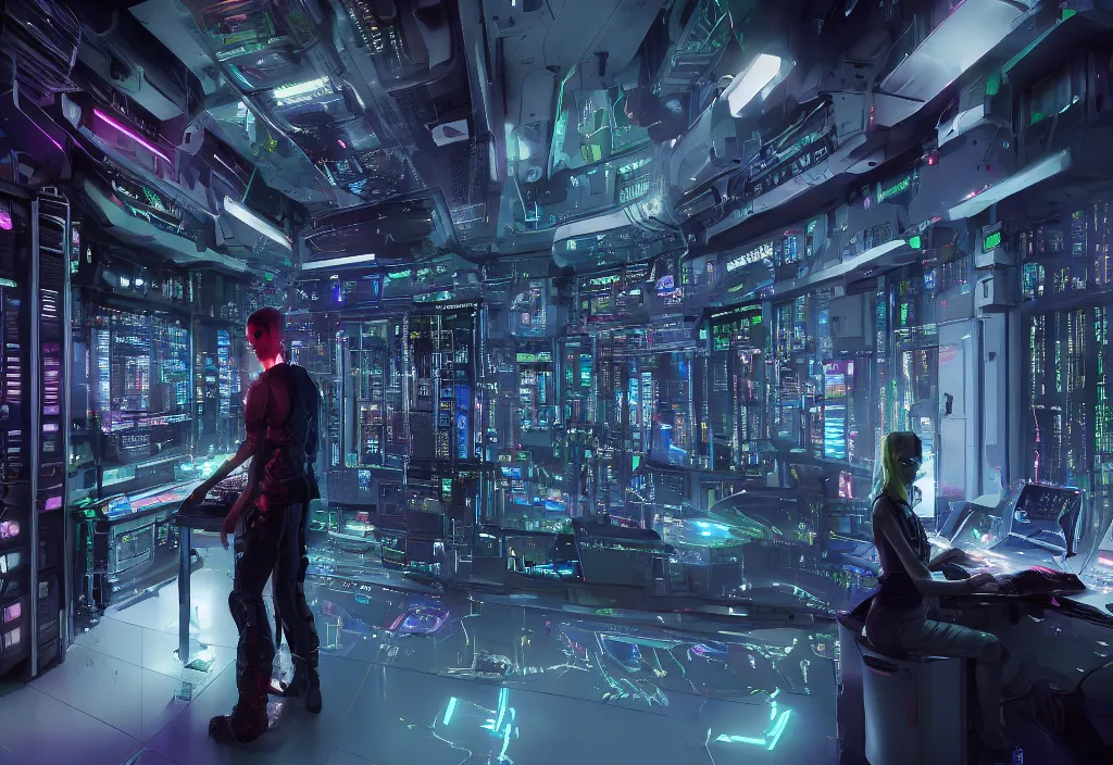 Image similar to cyberpunk server room in datacenter is the universe, dramatic lighting by barclay shaw style, by evan rhodes artstation style, human like a cyborg, cyberpunk character design, walking in server room, octane render 8 k, beautiful composition, ultra high details, professional master piece