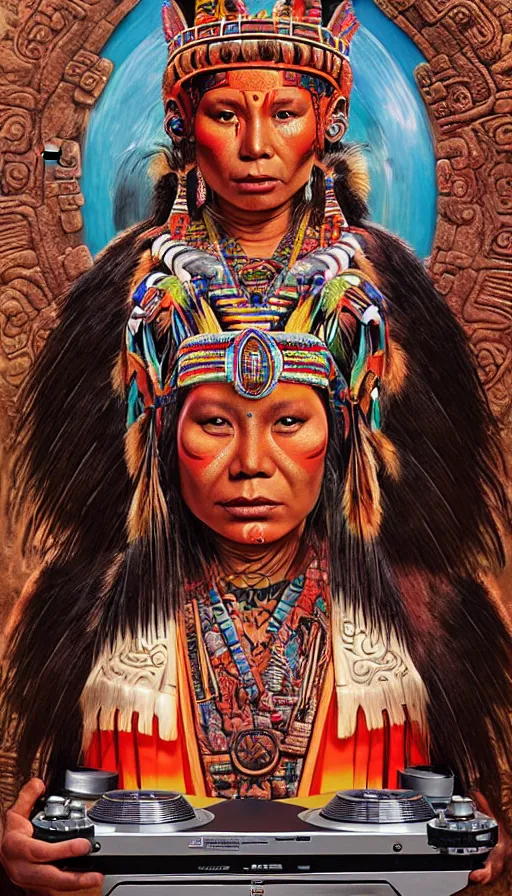Prompt: a beautiful indigenous mayan queen deejing with a technics turntables in tikal, poster art by daniele caruso, benediktus budi, jason edmiston, vc johnson, powell peralta