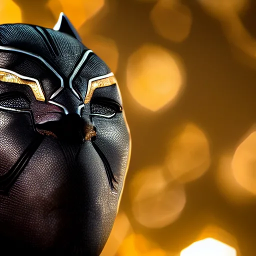 Image similar to a close up photo of a detailed golden statue of Black Panther, 8K,