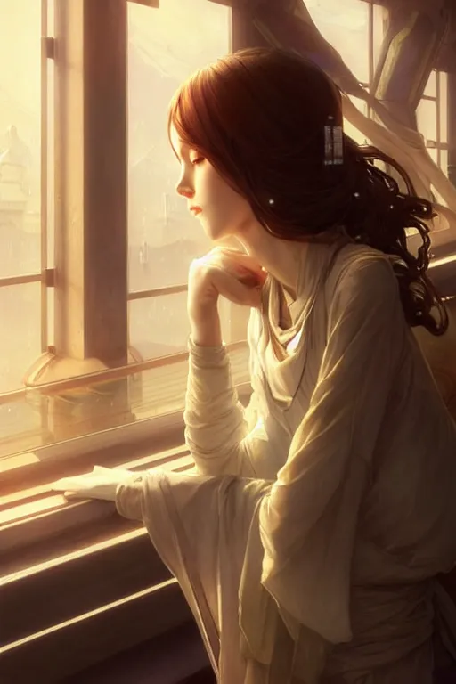 Image similar to an attractive serene cute android in a cafe, partially human , partially biomedical design , natural atmosphere, great high details, highly reaslitic, cinematic lighting, intricate, elegant, super highly detailed, art station, concept arD, beautiful, delicate, art by artgerm and greg rutkowski and alphonse mucha and loish and WLOP