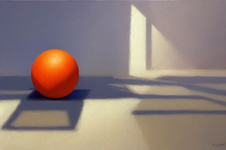 Image similar to An oil painting of an orange sphere on top of a blue cube, sitting on a white table by Craig Mullins, dramatic lighting, realistic shadows, establishing shot, extremely high detail, artstation