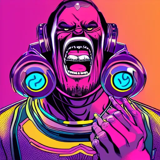 Image similar to artgerm, psychedelic laughing cybertronic thanos, rocking out, headphones dj rave, digital artwork, r. crumb, svg vector