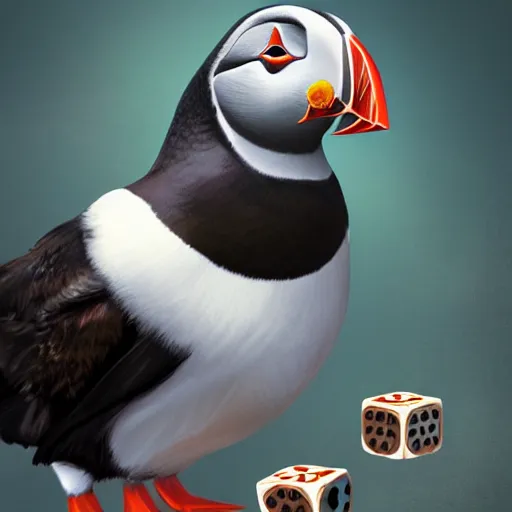 Image similar to puffin playing board game, cinematic, cinematic lighting, trending on Artstation, Cgsociety, detailed, 4k, very realistic