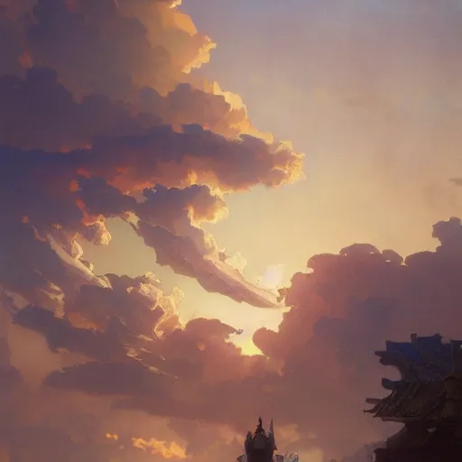 Image similar to Concept art, Clouds at dusk, 8k, alphonse mucha, james gurney, greg rutkowski, john howe, artstation