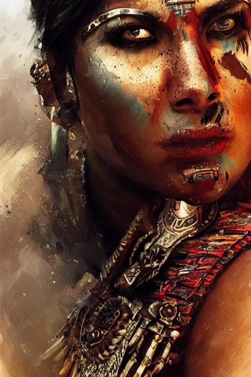 Image similar to aztec warrior, close - up portrait, fierce, intricate, elegant, volumetric lighting, scenery, digital painting, highly detailed, artstation, sharp focus, illustration, concept art, ruan jia, steve mccurry