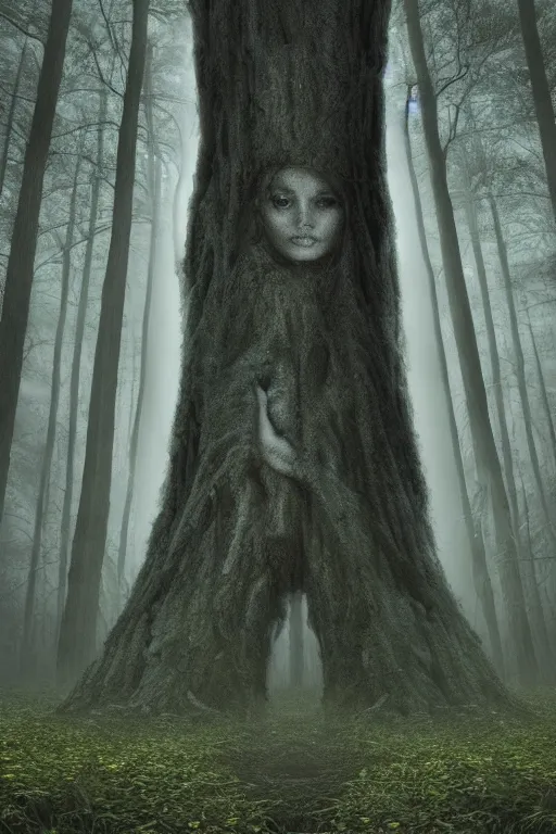 Prompt: cursed tree in the forest with a human like face | hyperdetailed | volumetric lighting | eerie atmosphere | jeff easley |