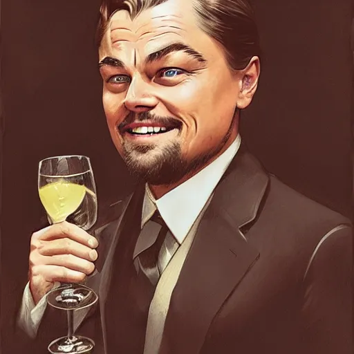 Prompt: leonardo dicaprio from django laughing holding a sherry glass, highly detailed, intricate, digital painting, artstation, sharp focus, illustration, art by jakub rozalski, greg rutkowski, artgerm, tan zi and ayanamikodon and alphonse mucha and wlop