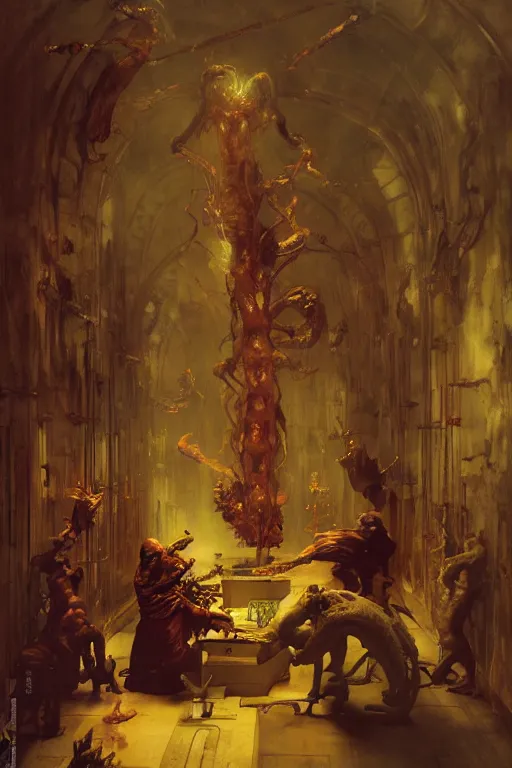 Image similar to scientists in a laboratory observe a demon from hell, painted by ruan jia, raymond swanland, lawrence alma tadema, zdzislaw beksinski, norman rockwell, jack kirby, tom lovell, alex malveda, greg staples