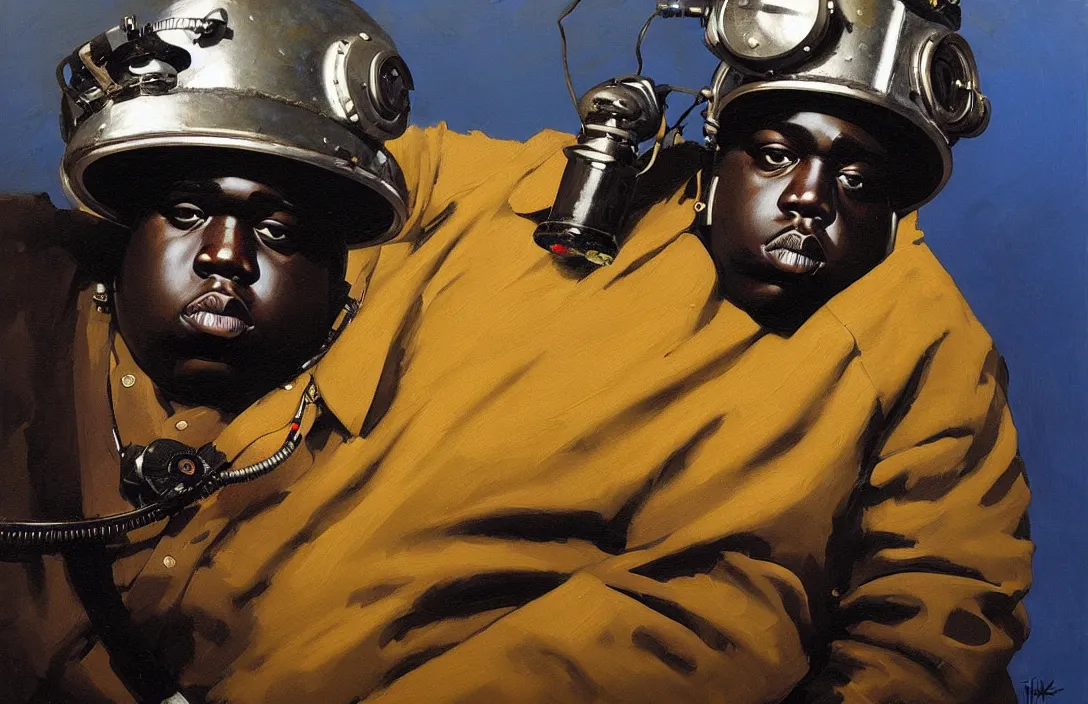 Prompt: portrait of the notorious b. i. g. wearing a deep sea diver helmet!!!!!!!!!!!!!!!!!!!!!!!!!!!, detailed face, detailed painting, epic lighting, by ilya repin, phil hale and kent williams