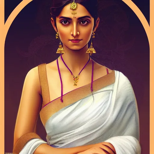 Prompt: character concept portrait of a white bengali girl, wearing a white silk muslin saree, perfect face, beautiful eyes, voluptuous, relaxing in the garden of eden, highly detailed, digital painting, artstation, concept art, symmetry, smooth, sharp focus, illustration, art by artgerm and greg rutkowski and alphonse mucha