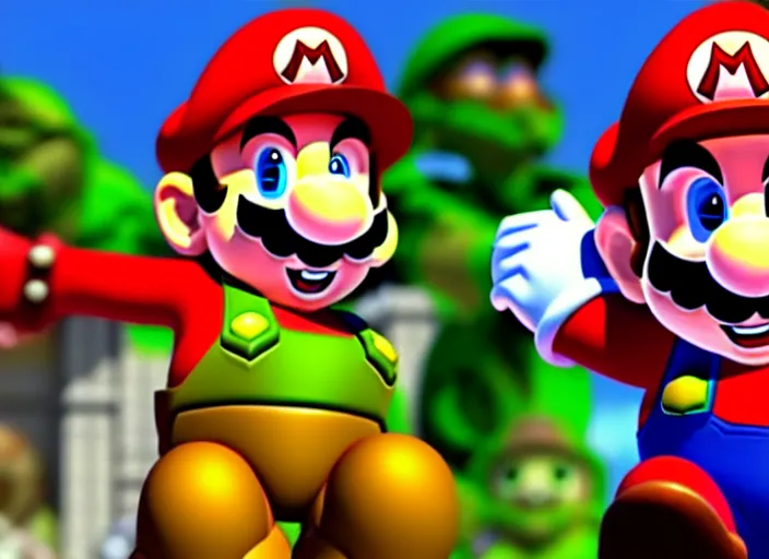 Prompt: mario!!! and master chief in 3 d video game screenshot!!! from the new video game mario halo