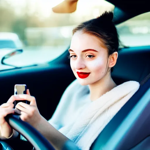 Image similar to a beautiful cute young woman takes a photo of herself, sitting in her car, flushed face, red blush, light freckles, big puffy lips, smiling softly, soft features, 8 k, sharp focus, instagram, portra 4 0 0