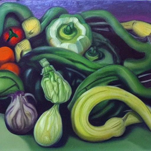 Prompt: a cornucopia of evil vegetables, oil on canvas