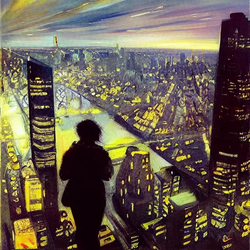 Image similar to “ a girl!!!!!! looking down at a futuristic new york city below, ghostpunk, very detailed, high quality, oil painting, by george bellows ”