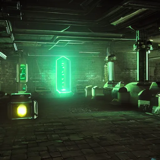 Prompt: secret underground lab, unreal engine, octane, 4 k, videogame style, retro tech, some green glowing artifacts