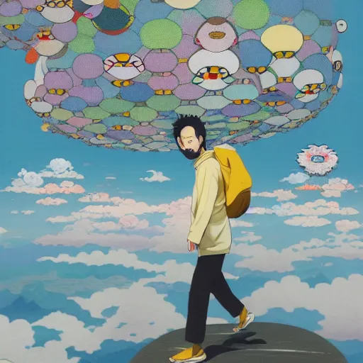 Image similar to a man walking on clouds above kyoto by takashi murakami, beeple and james jean, aya takano color style, 4 k, super detailed