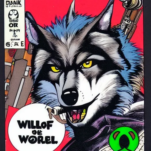 Image similar to 1 9 8 0 s comic book cover scan featuring a portrait of villain male wolf o'donnell anthropomorphic wolf furry fursona from starfox wearing a dark space mercenary uniform, dark grey wolf, handsome eyes, wolf o'donnell