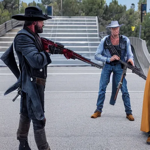 Image similar to duel between cad bane and clint eastwood on the vallecas bridge