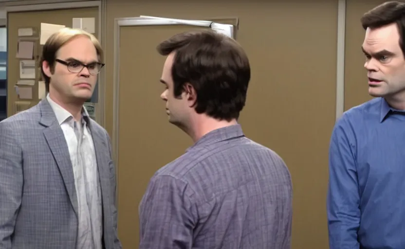 Image similar to screencap from the office, dwight schrute meeting bill hader barry in dunder mifflin, hd screencap