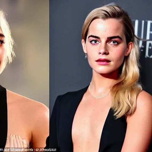 Image similar to a woman who is a genetic combination of margot robbie and emma watson face and upper - body focus