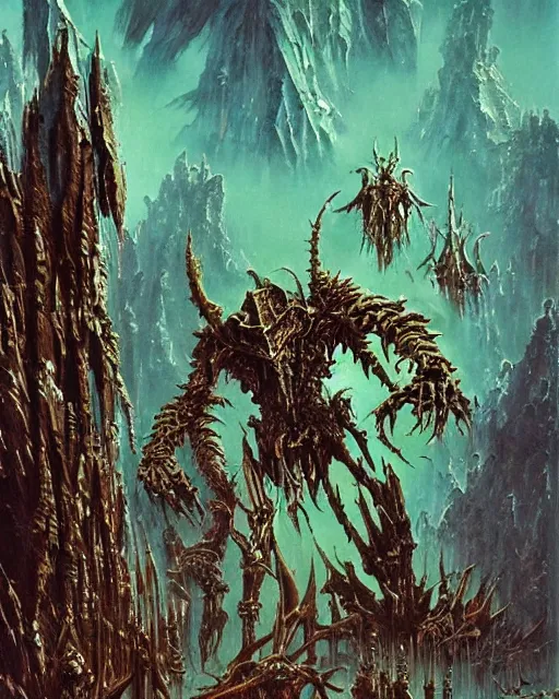 Image similar to biomechanical warhammer final boss creature vecna, art by bruce pennington