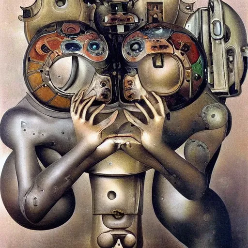 Image similar to Oil painting by Dali. Two mechanical trash gods with animal faces kissing. Oil painting by Hans Bellmer.