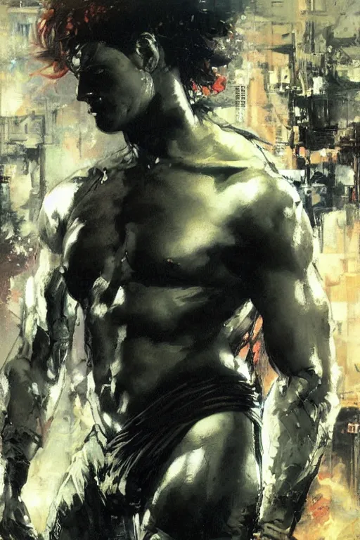 Prompt: synthwave, attractive male, painting by edwin longsden long, yoji shinkawa, craig mullins, tom of finland