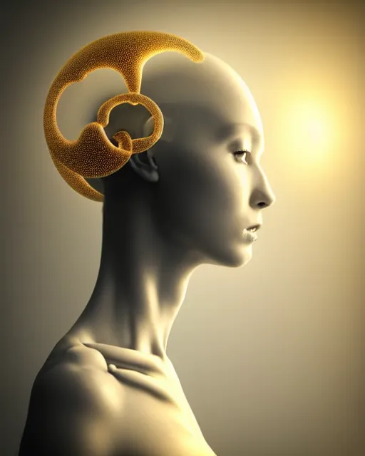 Image similar to white background, halo, dreamy foggy elegant soft luminous bw profile face 3 d render of a beautiful young golden biomechanical - female - cyborg with a delicate detailed gold mandelbrot fractal texture skin and a very long neck with white gothic pearl embroidered collar, white smoke atmosphere, rim light, hg giger, 8 k