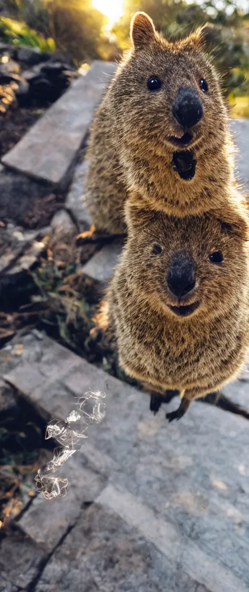 Image similar to happy quokka taking a selfie and smoking a joint, golden hour, ultra realistic