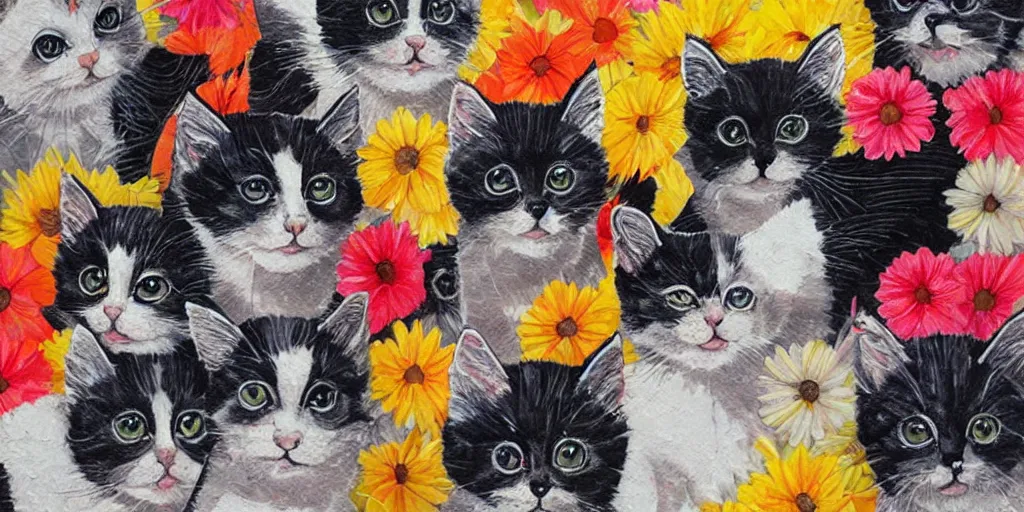 Image similar to a group of kitten by Sandra Chevrier, colorful geometric pattern, flowers