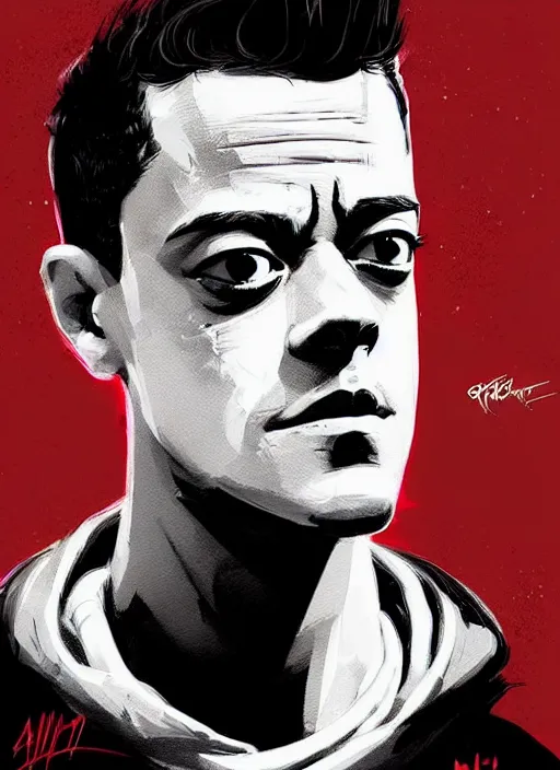 Image similar to highly detailed closeup portrait of a sullen rami malek, elliot alderson, black hoody by atey ghailan, by greg rutkowski, by greg tocchini, by james gilleard, by joe fenton, by kaethe butcher, gradient red, black and white color scheme, grunge aesthetic!!! ( ( graffiti tag wall background ) )