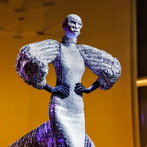 Image similar to hybrid model astronaut walking down a catwalk, elaborate dress by alexander mcqueen, stage lighting, sigma 8 5 mm f 1 6, art by studio clamp, real