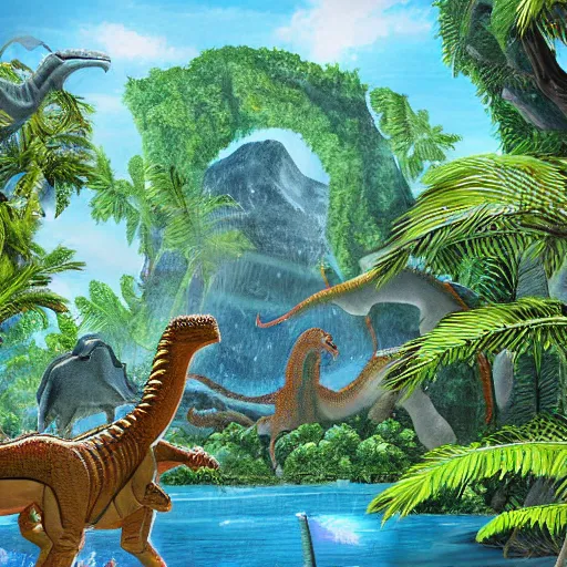 Prompt: a very high detailed painting of jurasic park in the metaverse