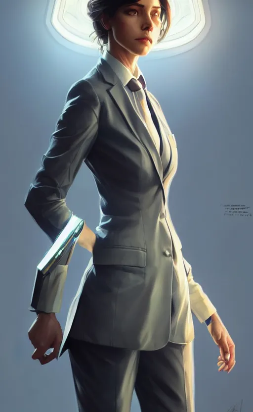 Image similar to Female in office suit, sci-fi, highly detailed, digital painting, artstation, concept art, smooth, sharp focus, illustration, art by artgerm and greg rutkowski and alphonse mucha