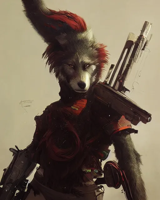 Prompt: beautiful portrait of a handsome black male anthropomorphic wolf fursona red hair, long red hair wearing destiny 2 armor and holding a sniper rifle. character design by cory loftis, fenghua zhong, ryohei hase, ismail inceoglu and ruan jia. artstation, volumetric light, highly detailed, photorealistic, fantasy, rendered in octane