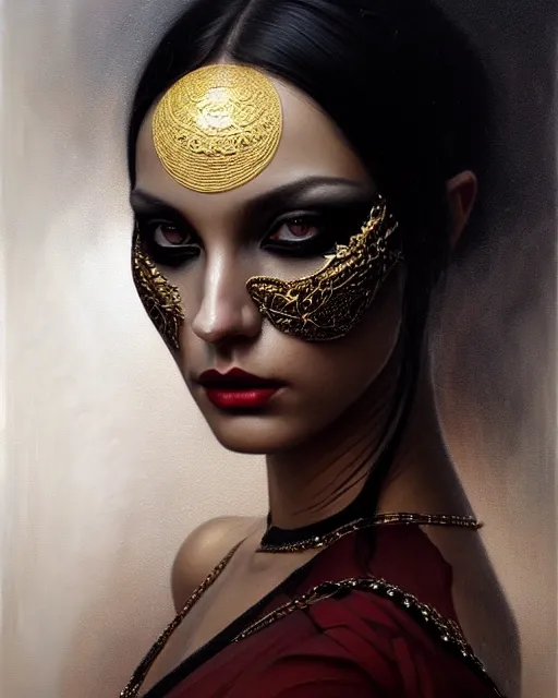 Image similar to portrait of a beautiful goddess, enigmatic beauty, dominant shades of black, gold, silver, dark red, white, head in focus, fantasy art, ornamental aesthetics, intricate, elegant, highly detailed, hyperrealistic painting, artstation, concept art, painterly, sharp focus, illustration, art by karol bak