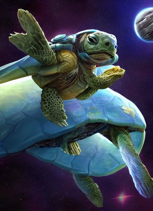 Prompt: hyper realistic photography space lion riding a turtle in space destroying an army of insectiods comic cover artstation