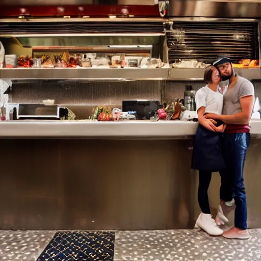 Image similar to a young couple standing on top of the counter at a diner