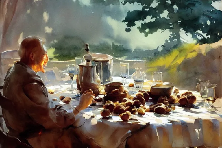 Image similar to paint brush strokes, abstract watercolor painting of walnuts on table cloth, leaves, art by hans dahl, by jesper ejsing, art by anders zorn, wonderful masterpiece by greg rutkowski, cinematic light, american romanticism by greg manchess, creation by tyler edlin