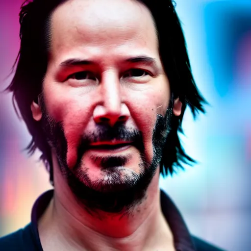 Image similar to a still of Keanu Reeves. Shallow depth of field. City at night in background, lights, colors ,studio lighting, mood, 4K. Profession photography