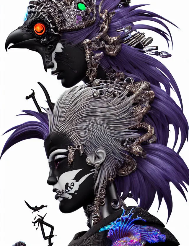 Image similar to 3 d goddess close - up profile portrait punk with mohawk with ram skull. beautiful intricately detailed japanese crow kitsune mask and clasical japanese kimono. betta fish, jellyfish phoenix, bio luminescent, plasma, ice, water, wind, creature, artwork by tooth wu and wlop and beeple and greg rutkowski