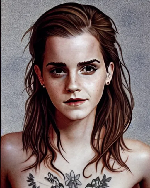 Image similar to emma watson, dope tattoo, hyperrealistic