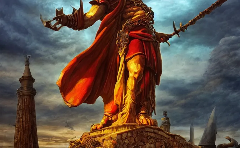 Image similar to A large statue of a wizard guarding the entrance to a port, landscape art, concept art, fantasy, inspiring, colossus of rhodes, bright lighting, colorful