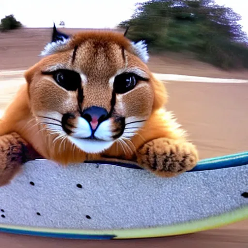 Prompt: gopro photo of a cute fluffy caracal surfing,