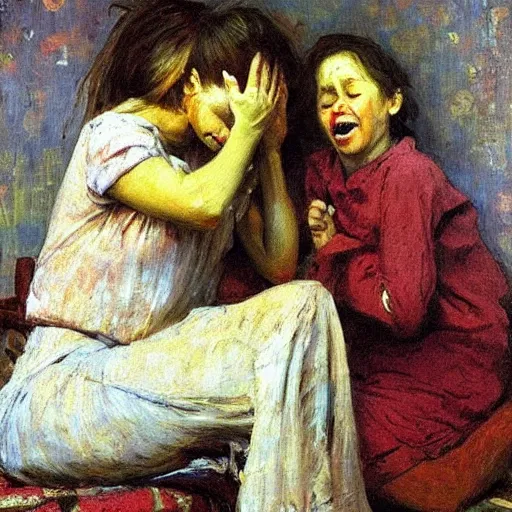 Prompt: A painting of a family crying in the style on Ilya Repin