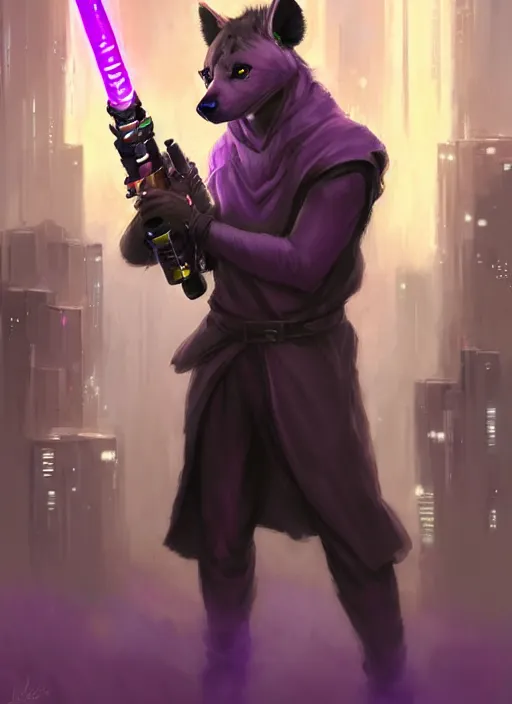 Prompt: beautiful portrait commission of a male furry anthro hyena fursona wearing jedi robes and wielding a purple lightsaber in a cyberpunk city at night in the rain. character design by charlie bowater, ross tran, artgerm, and makoto shinkai, detailed, inked, western comic book art
